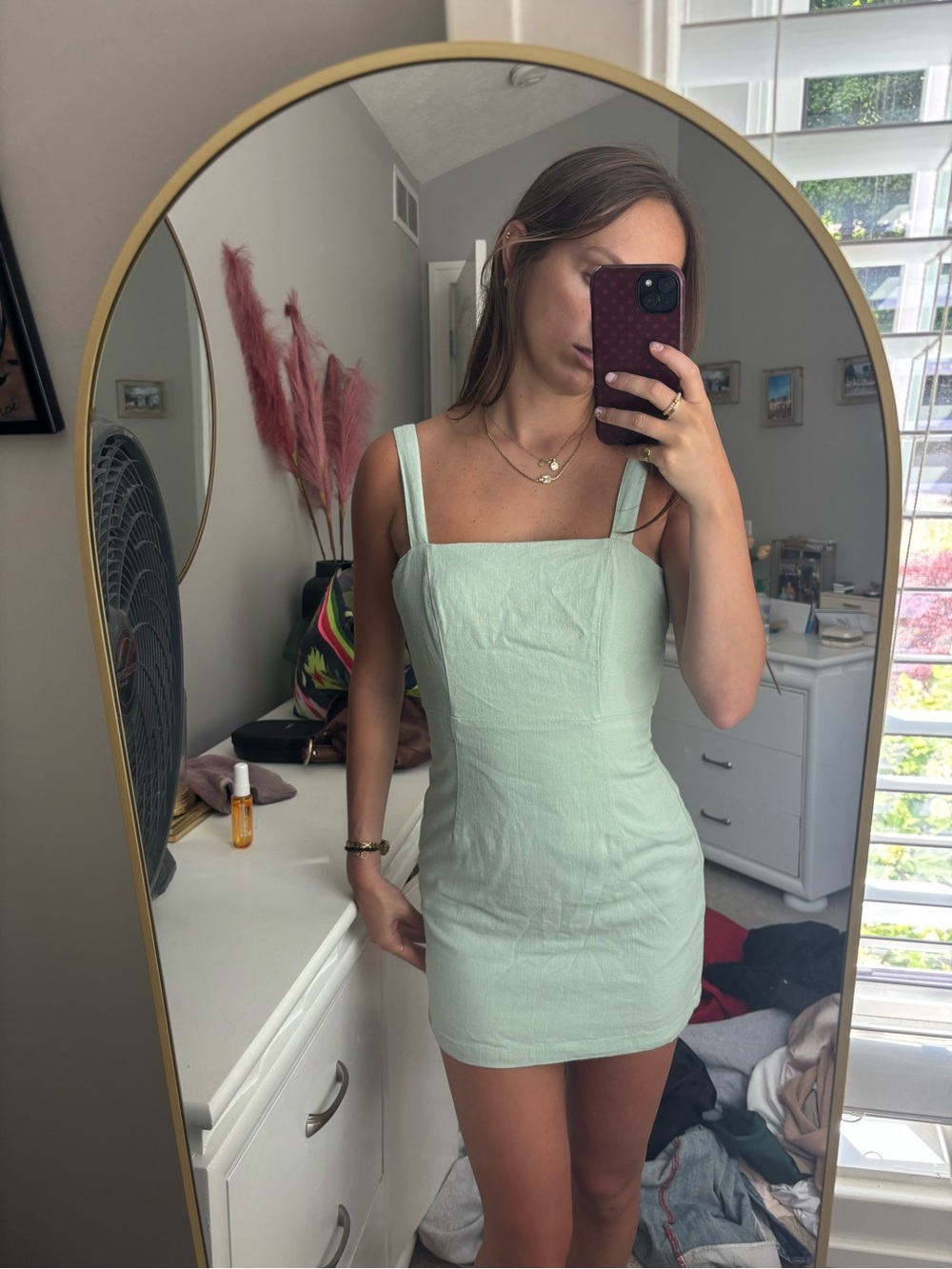 Mint Linen Square-Neck Bodycon Dress